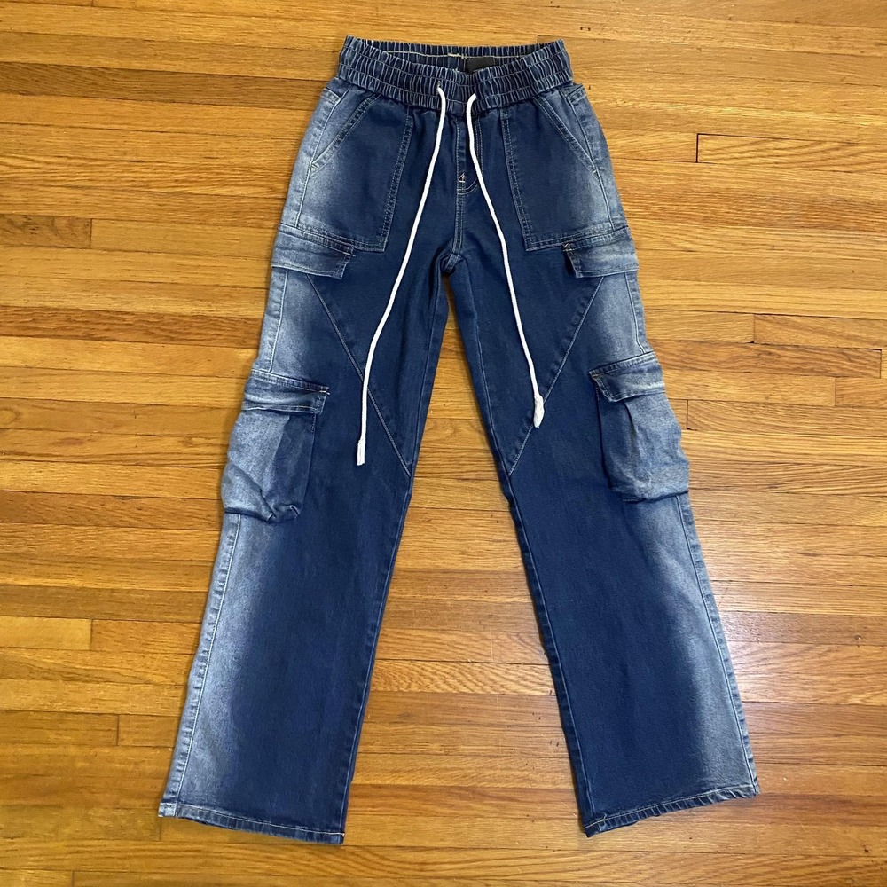 V.I.P. Cargo Jeans Womens 3/26 Blue Denim Jogger Elastic Waist Faded Boho